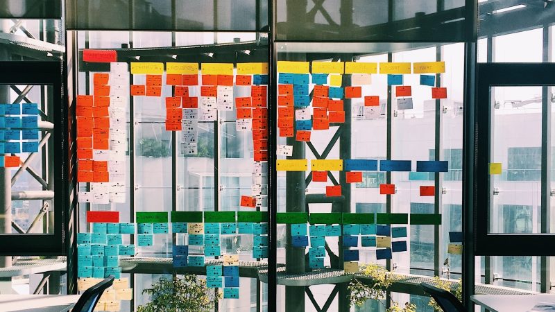 post-it notes laid out on a glass window detailing the contents of an Agile sprint